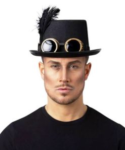 Steampunk hoge hoed met bril tandwielen en pluim