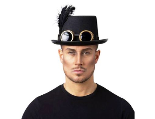 Steampunk hoge hoed met bril tandwielen en pluim